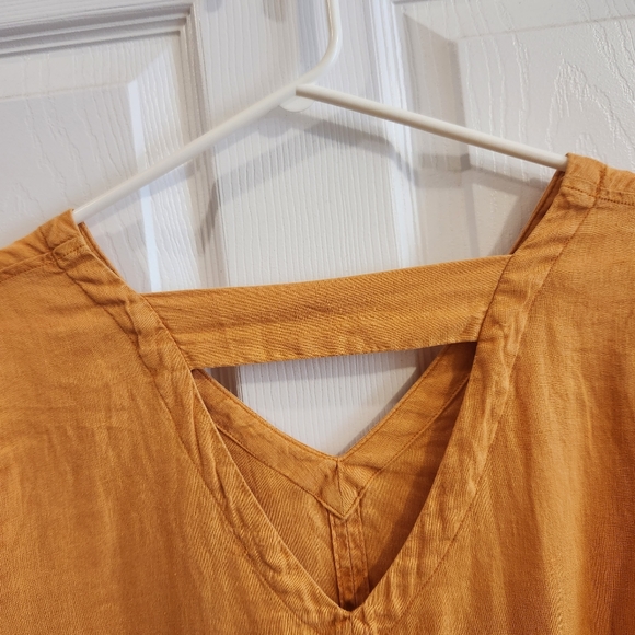 C&C California linen yellow orange short sleeve v-neck strappy tee blouse small - Picture 6 of 10